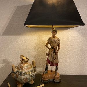 Oriental Wood Carved Lamp Painted Man